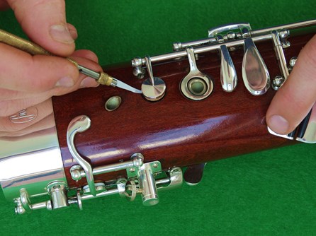 A second hand bassoon being restored in the Double Reed Ltd. bassoon repair workshop.