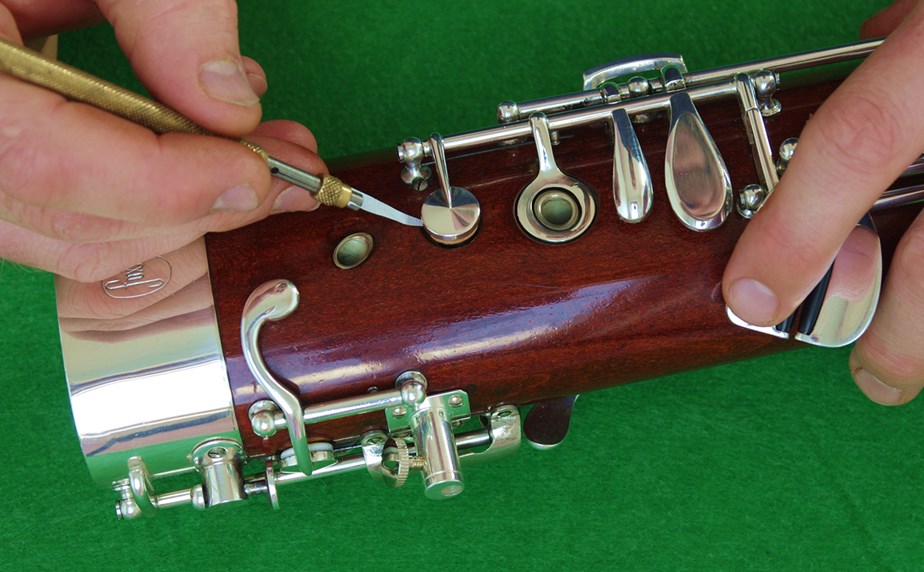 A second hand bassoon being restored in the Double Reed Ltd. bassoon repair workshop.