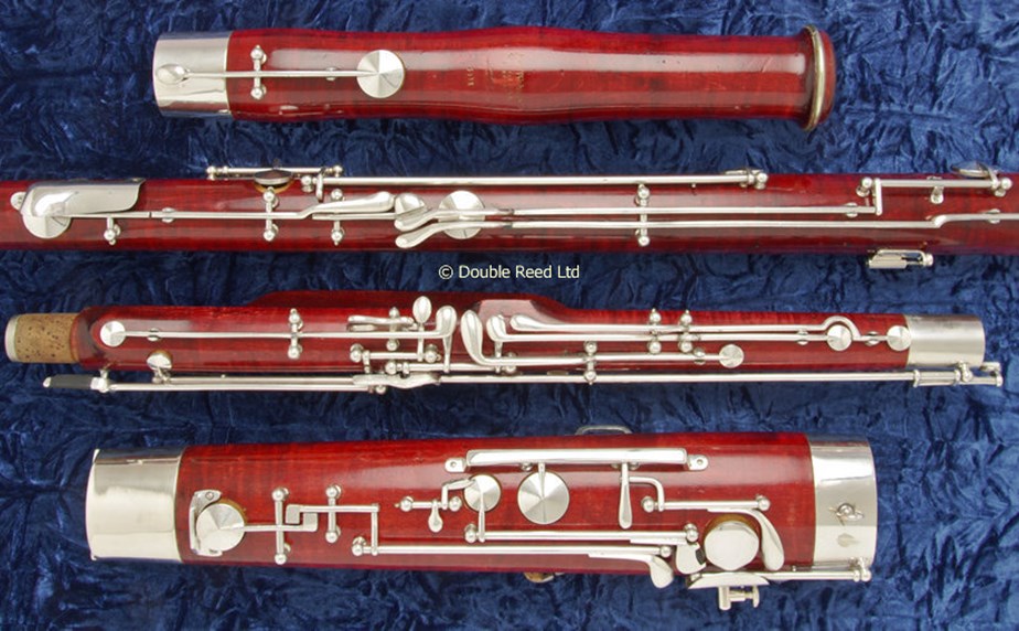 Four separate second hand bassoon joints ready for assembly at Double Reed Ltd.