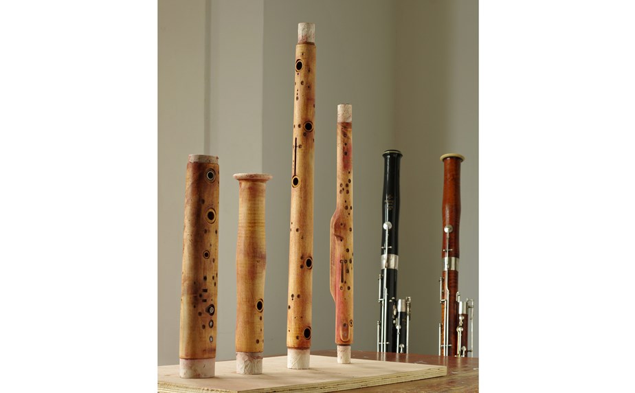 A Heckel 8000 under restoration, with restored pre-war Vinzenz Püchner and 1950s Polisi, at the Double Reed Ltd. bassoon repair workshop