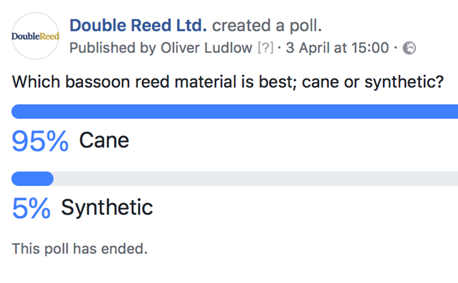 Double Reed Ltd. Facebook poll with 433 votes: Which is best – cane or plastic bassoon reeds?