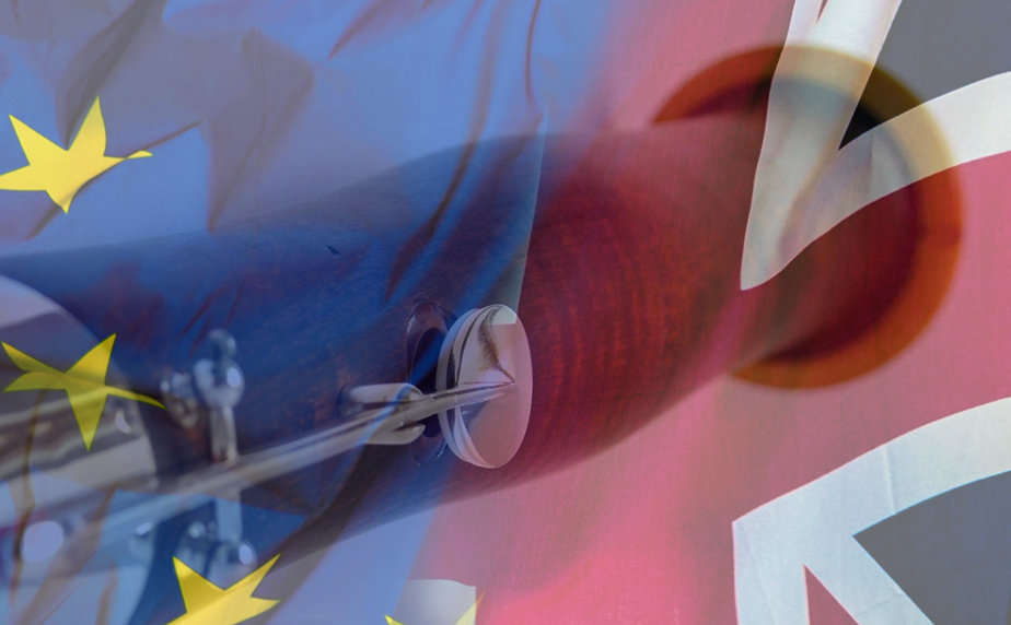 A second hand bassoon at Double Reed Ltd. overplayed with a the Union Flag and the EU flag.